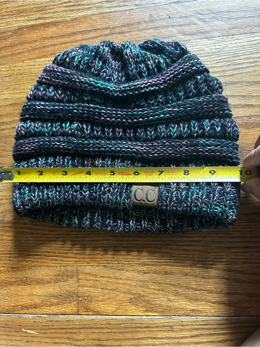 C.C Black Knit Beanie with Teal and Purple Thread Accents